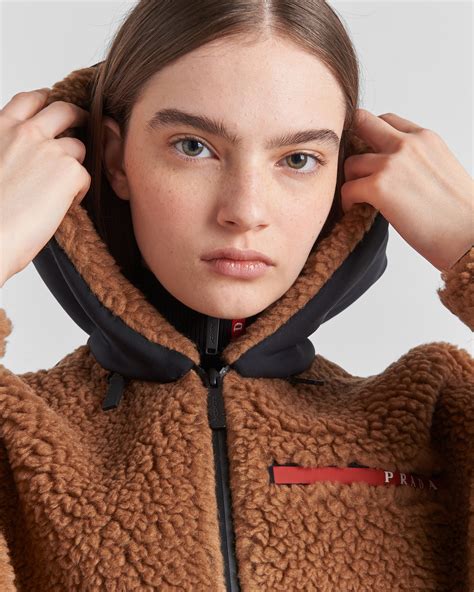 prada linea rossa fleece|Camel/black Cropped double fleece jacket .